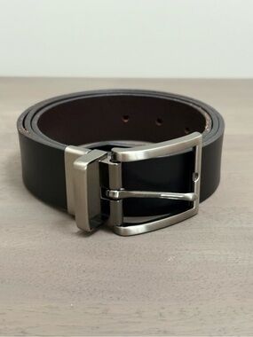 Men's Black and Brown Reversible Leather Belt with Brushed Silver Buckle